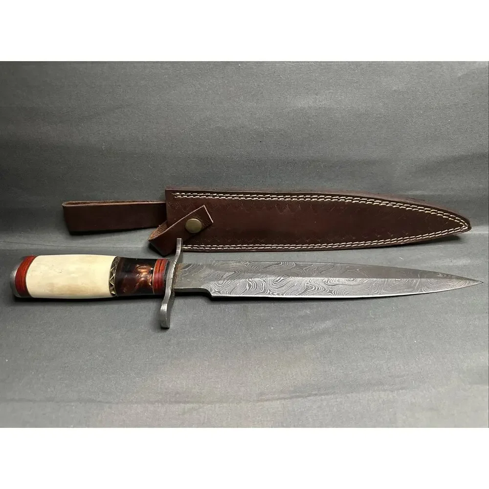 BEAUTIFUL CUSTOM DAMASCUS COLLECTIBLE DAGGER KNIFE MILITARY WORK + LEATHER SHEAT